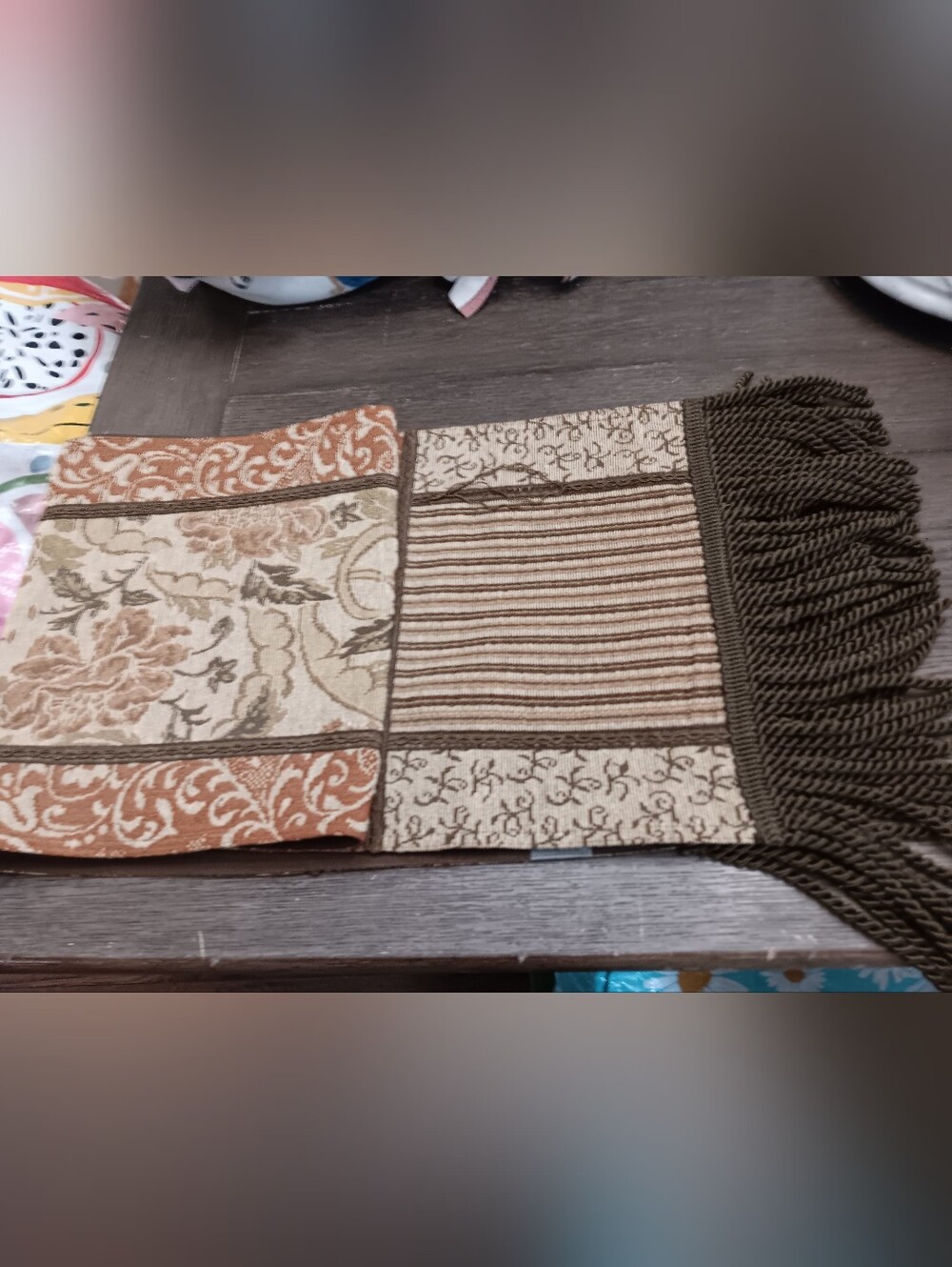 Brown Multi-Pattern Decorative Table Runner with Fringe